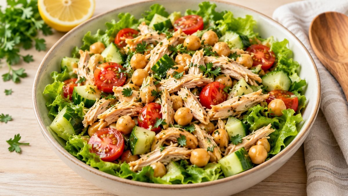 Salada de frango com grão-de-bico, uma das receitas do ebook